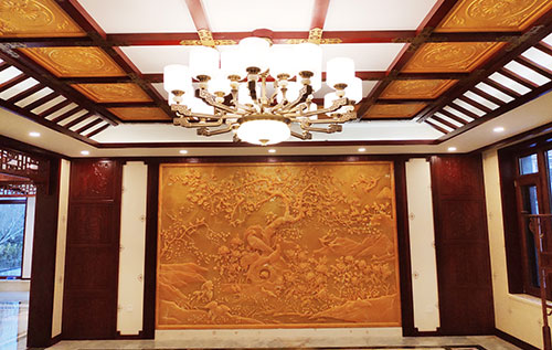 港口中式别墅客厅中式木作横梁吊顶装饰展示